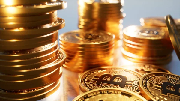 Goldene Bitcoins Kryptowährung Grauer Hintergrund — Stockfoto