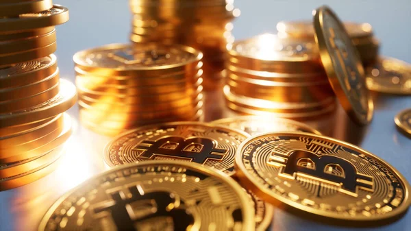 Goldene Bitcoins Kryptowährung Grauer Hintergrund — Stockfoto