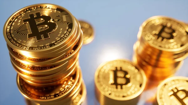 Goldene Bitcoins Kryptowährung Grauer Hintergrund — Stockfoto