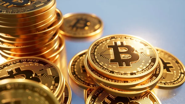 Goldene Bitcoins Kryptowährung Grauer Hintergrund — Stockfoto
