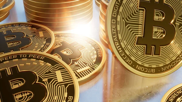 Zlaté Bitcoiny Kryptoměna Šedé Pozadí — Stock fotografie