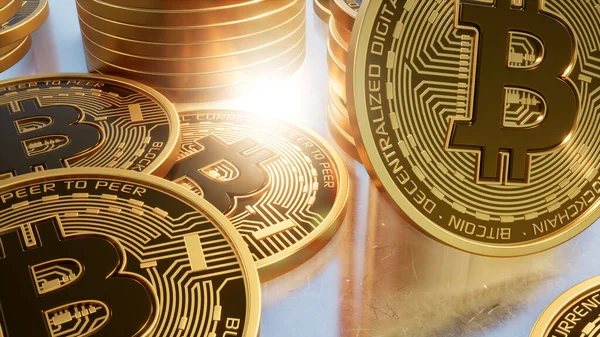 Goldene Bitcoins Kryptowährung Grauer Hintergrund — Stockfoto