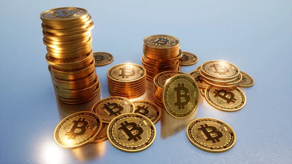 Goldene Bitcoins Kryptowährung Grauer Hintergrund — Stockfoto