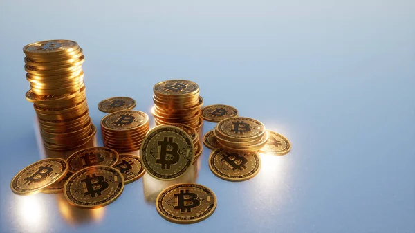 Goldene Bitcoins Kryptowährung Grauer Hintergrund — Stockfoto