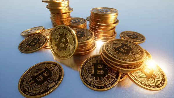 Goldene Bitcoins Kryptowährung Grauer Hintergrund — Stockfoto