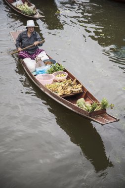 Ratchaburi Tayland -Ekim 3: ahşap tekneler meyve bahçelerinde, yüzen Pazar 3 Ekim 2015 Ratchaburi, Tayland tarihinde Tha kha ile yüklenir. Geleneksel bir şekilde hala Tayland Tha kha Kanallar uygulanan.