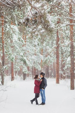 Mutlu genç eğleniyor çift Winter Park. Aile açık havada. aşk, Sevgililer günü