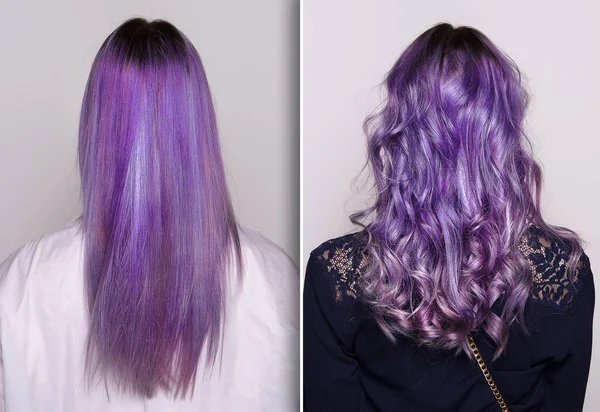 Before and after of a hairstyle of long hair with purple tint, figure of a woman from behind unrecognizable