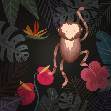 Çiçek, palmiye yaprakları ve maymun ile Vektör tropikal arka plan