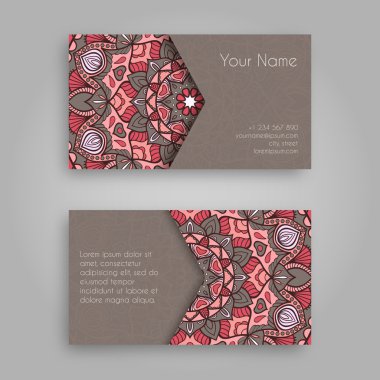 Mandala tasarımı ile kartvizit şablonu. Vintage dekoratif unsurlar. Elle çizilmiş arka plan. İslam, Arapça, Hint, Osmanlı motifleri. 