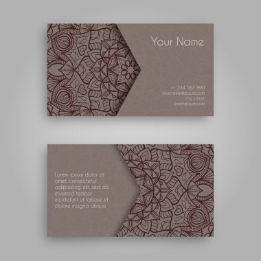 Mandala tasarımı ile kartvizit şablonu. Vintage dekoratif unsurlar. Elle çizilmiş arka plan. İslam, Arapça, Hint, Osmanlı motifleri. 