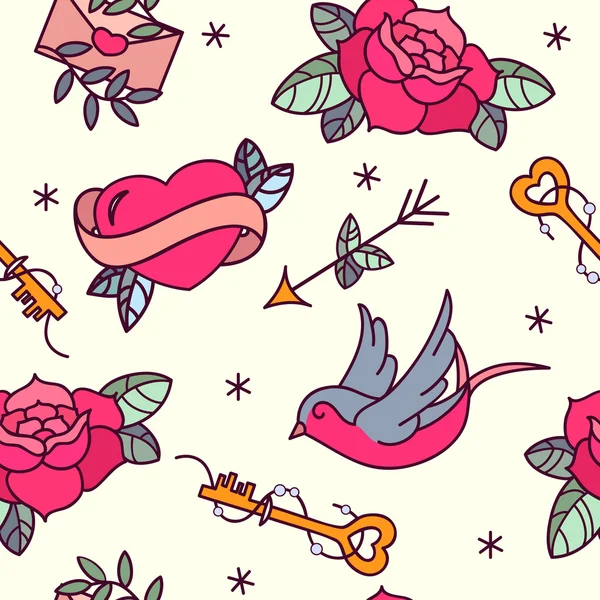 Old School Tattoo Vector sömlösa mönster med rosor, hjärtan, fåglar, nycklar och pilar. Alla hjärtans dag eller bröllop design. — Stock vektor