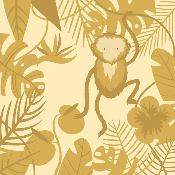 Fondo tropical vectorial con flores, hojas de palma y mono — Vector de stock