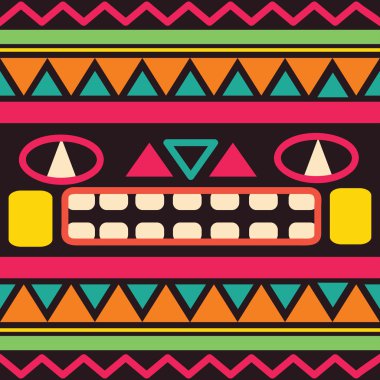 Kesintisiz geometrik etnik Aztek desen. Koyu arka plan üzerinde renkli cam süsleme.