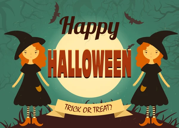 Cartel de Halloween con bruja. Ilustración vectorial . — Vector de stock