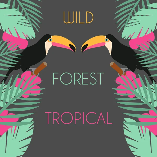 Fondo tropical tucán en colores rosa negro y verde — Archivo Imágenes Vectoriales