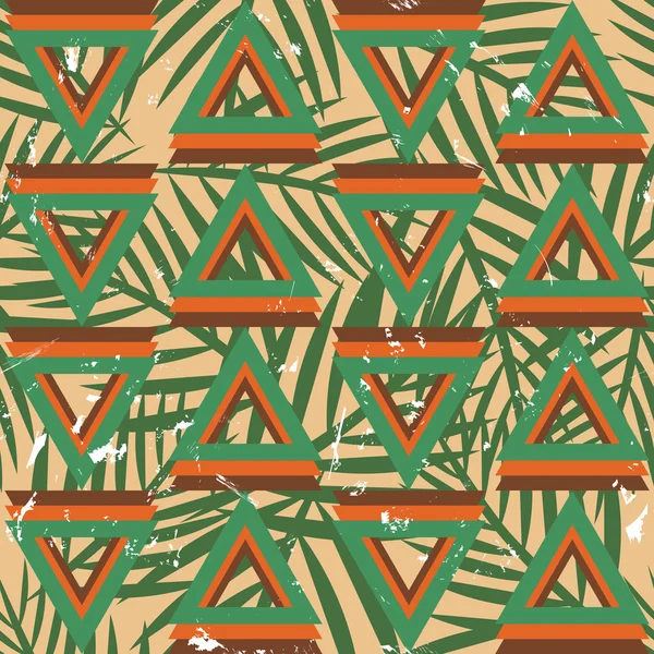 Patrón de triángulo geométrico sin costuras con hojas de palma. Fondo vintage . — Vector de stock