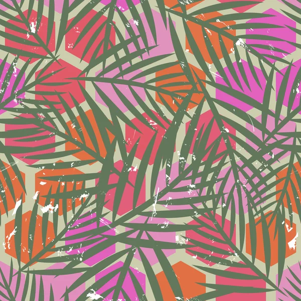 Bezešvé geometrické šestiúhelník růžové barvy vzor s palm listy — Stockový vektor