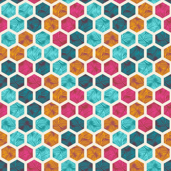 Mavi, pembe ve sarı renklerde palmiye yaprakları ile geometrik altıgen seamless modeli