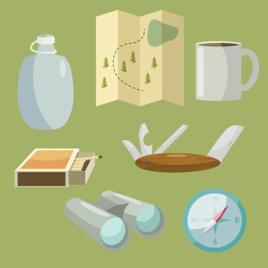 Kamp malzemeleri ve dürbün, Pusula, harita, maçlar, çakı, şişesi ve Kupası ile vektör nesneleri kümesi.