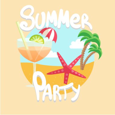 Yaz tatili plajı ile deniz, kokteyl, palmiye ve deniz yıldızı vektör çizim