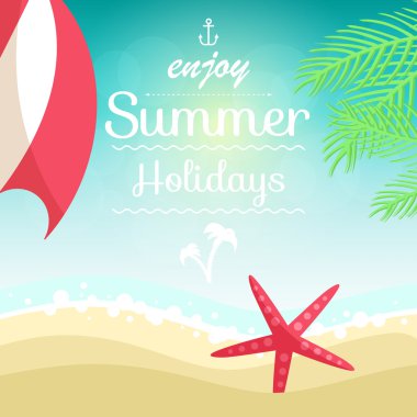 Yaz tatil illüstrasyon - palm, sahil kumu üzerinde deniz yıldızı ile.
