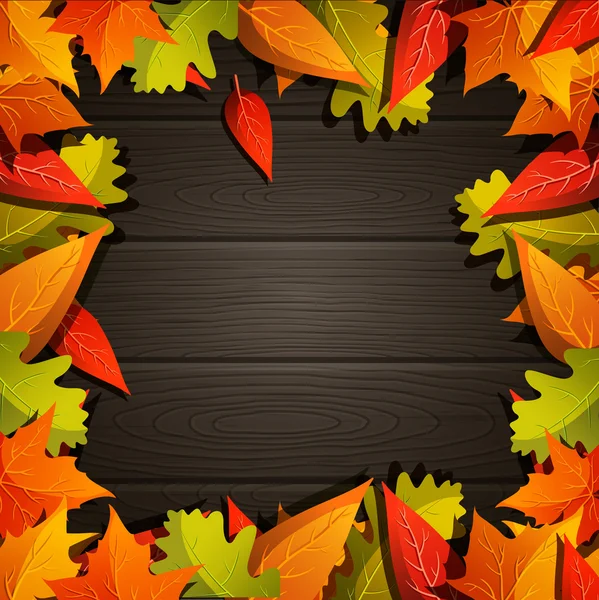 Otoño vector fondo de madera con hojas de colores — Archivo Imágenes Vectoriales