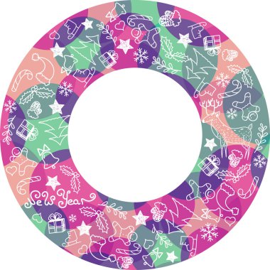 Mutlu yeni yıl daire renkli çerçeve. Çelenk ile el çizilmiş doodle.