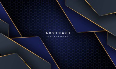 Koyu mavi soyut altıgen arkaplan, altın çizgili gradyan şekiller. Pankart, poster, kapak vs. için tasarım şablonu.