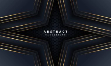 Altıgen örgülü siyah üzerine soyut altın çizgi oku modern lüks fütüristik teknoloji arka plan çizimi.