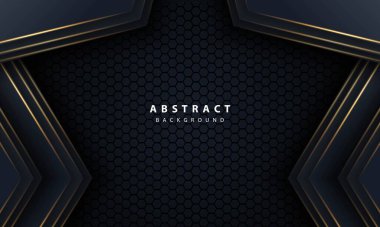 Altıgen örgülü siyah üzerine soyut altın çizgi oku modern lüks fütüristik teknoloji arka plan çizimi.