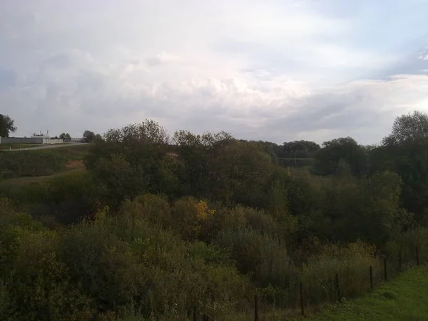 Paysage Colline Forêt Ciel Arbres Feuilles Herbe Été Automne — Photo