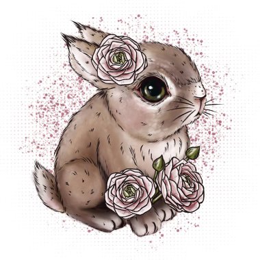 Noktalardan ve sıçramalardan oluşan pembe bir arkaplan üzerinde ranunculus çiçekleri olan küçük sevimli açık kahverengi tavşan.
