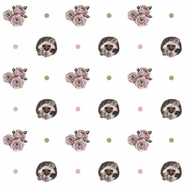 Küçük kirpi yüzlü kusursuz desen ve pembe ve yeşil daireli ranunculus çiçekleri. 