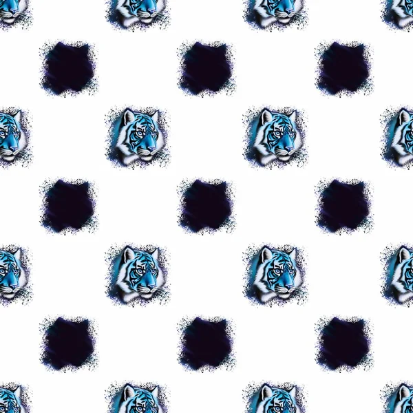 Naadloos Patroon Met Illustratie Van Ijsblauwe Tijgermuilkorven Met Donkerblauwe Elementen — Stockfoto