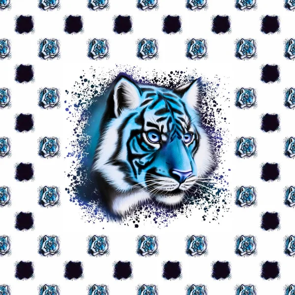 Płynny Wzór Ilustracją Twarzy Lodowo Niebieskiego Tygrysa Duży Mały Ciemnoniebieskimi — Zdjęcie stockowe