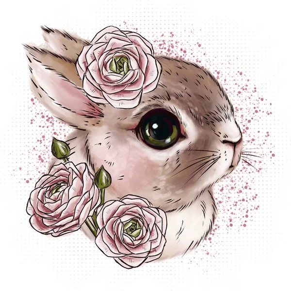 Uzzle Little Cute Rabbit Ranunculus Flowers Pink Graphic Background Made — Stock Photo, Image