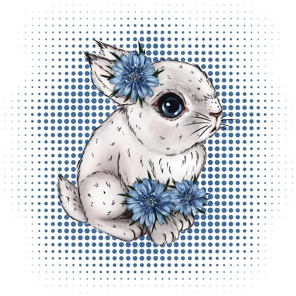 Little cute white rabbit with chicory flowers on a background of blue dots