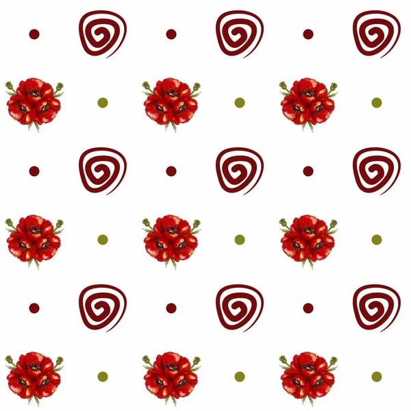 Naadloos Patroon Met Mooie Rode Klaprozen Spiralen Groene Bordeaux Cirkels — Stockfoto