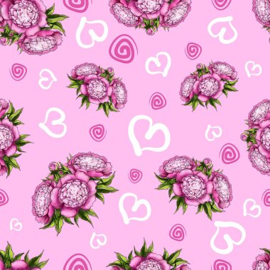 Şirin, narin şakayıklar, eflatun spiral elementler ve pembe arka planda farklı boyutlarda beyaz kalpler olan kusursuz desenler.