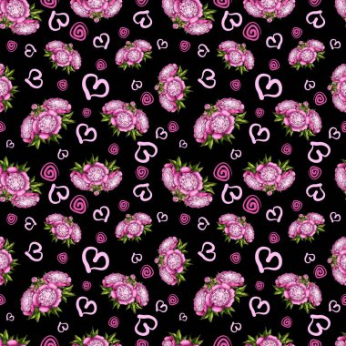 Hoş, narin şakayıklar, pembe spiral elementler ve siyah arka planda farklı boyutlarda kalpler olan kusursuz desenler.