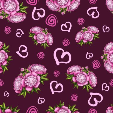 Kusursuz desenli şirin şakayıklar, pembe spiral elementler ve koyu bir arka planda farklı boyutlarda kalpler.