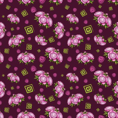 Şirin, narin şakayık desenli, morumsu ve bordo bir arka planda farklı boyutlarda beyaz spiral elementler.