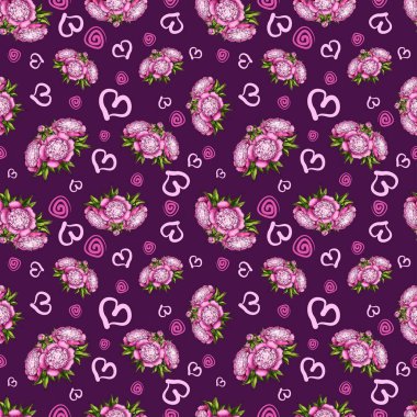 Şirin, narin şakayıklar, pembe spiral elementler ve menekşe arka planda farklı boyutlarda kalpler olan kusursuz desenler.