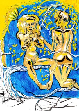 İki çıplak kızın mavi arka plandaki bir ağacın dallarında oturduğunu hayal et. Gouache resmi.