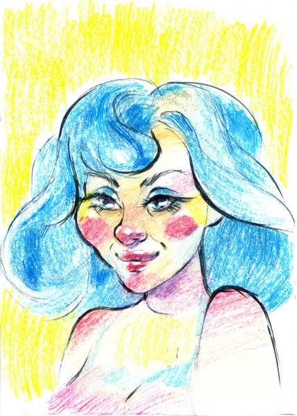 Gyönyörű Pin Lány Malvina Kék Hajú Rajzolt Színes Ceruzák — Stock Fotó