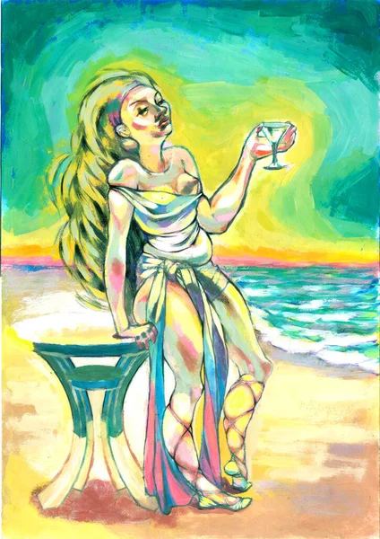 Міфічна Красива Богиня Античному Платті Відпочиває Пляжі Келихом Маргарити Руці — стокове фото