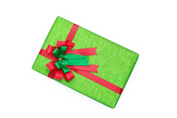 绿色礼品盒用红色和绿色的丝带蝴蝶结 — 图库照片
