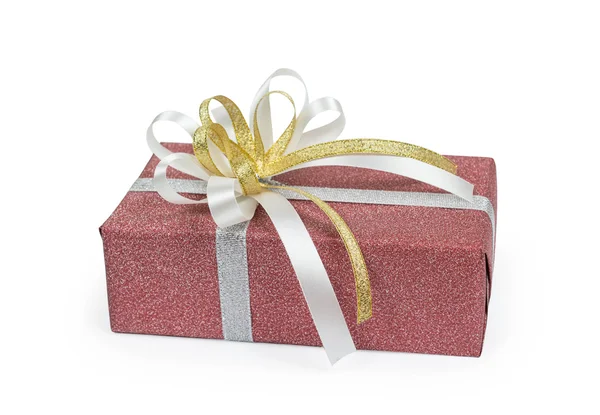 Red gift box with white and gold ribbons bow Stock Image