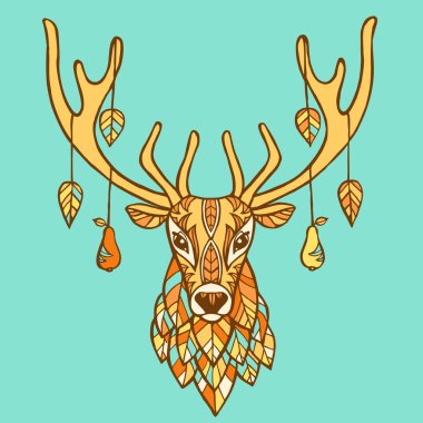 Autumn ornamented deer hand drawn vector illustration. Deer with autumn leaves and pears tattoo. Ethnic animals vector illustration. Ethnic deer / african / indian / totem